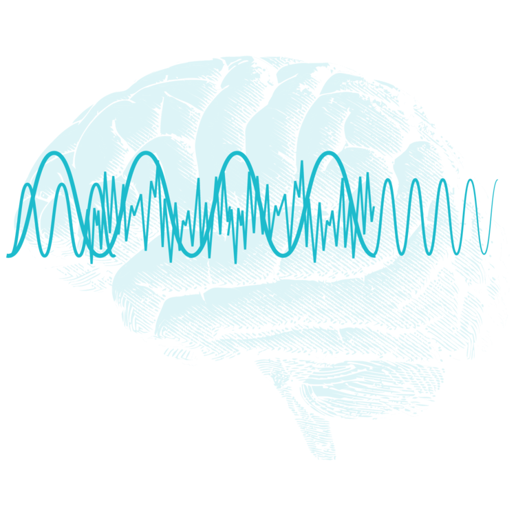 뇌의 옆모습에 3가지 전자파형의 선이 겹쳐진 그림